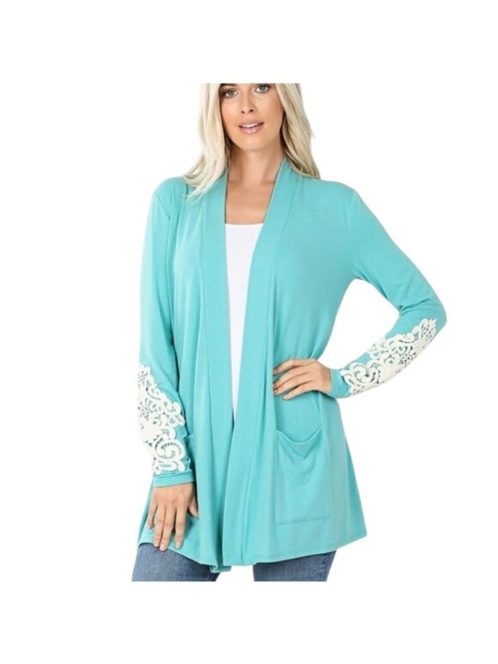 Zenana Premium Cardigan Large Long Sleeve Open Front Crochet Lace Blue White